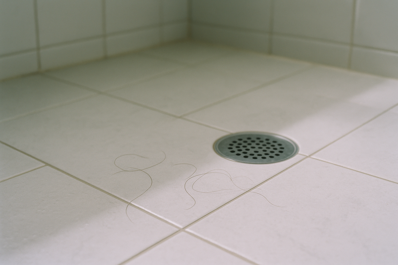A clean, modern shower with a close-up on hair strands near the drain