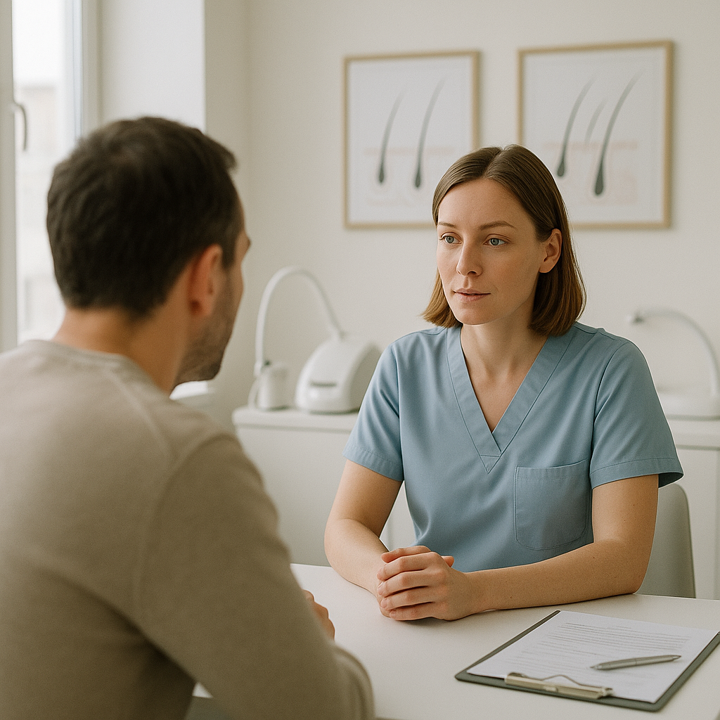 A consultation between a doctor and an adult discussing hair restoration options in a comfortable office
