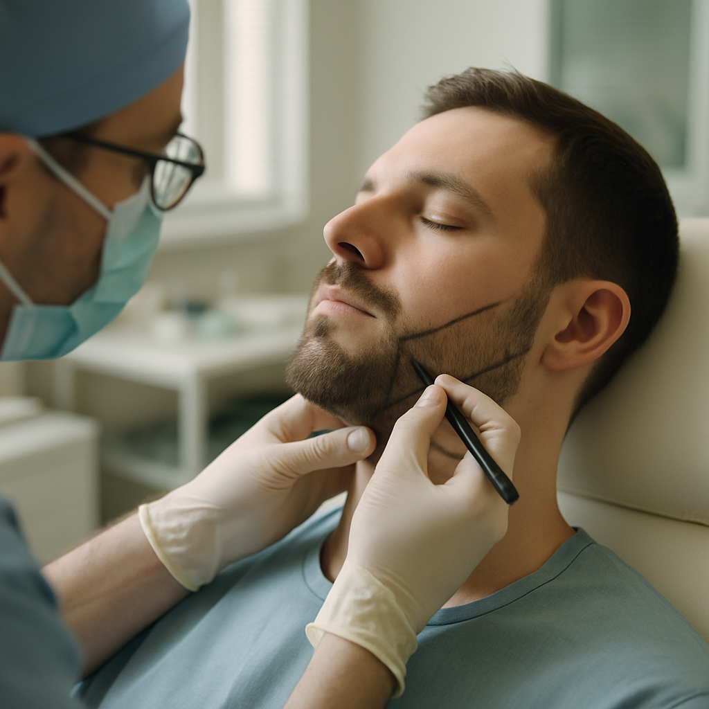 A doctor designing a beard shape on a patient's face before transplantation