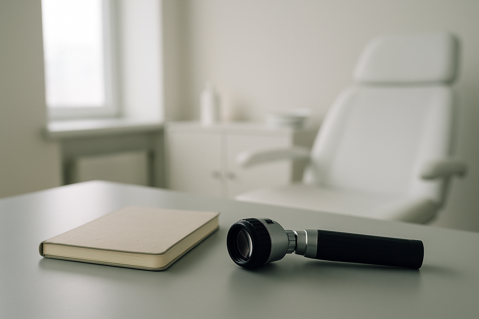 Bureau de consultation avec un dermatoscope et un carnet fermé