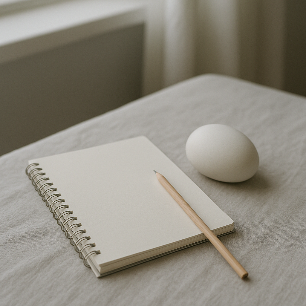 Carnet de suivi vierge, crayon et objet à manipuler sur une table