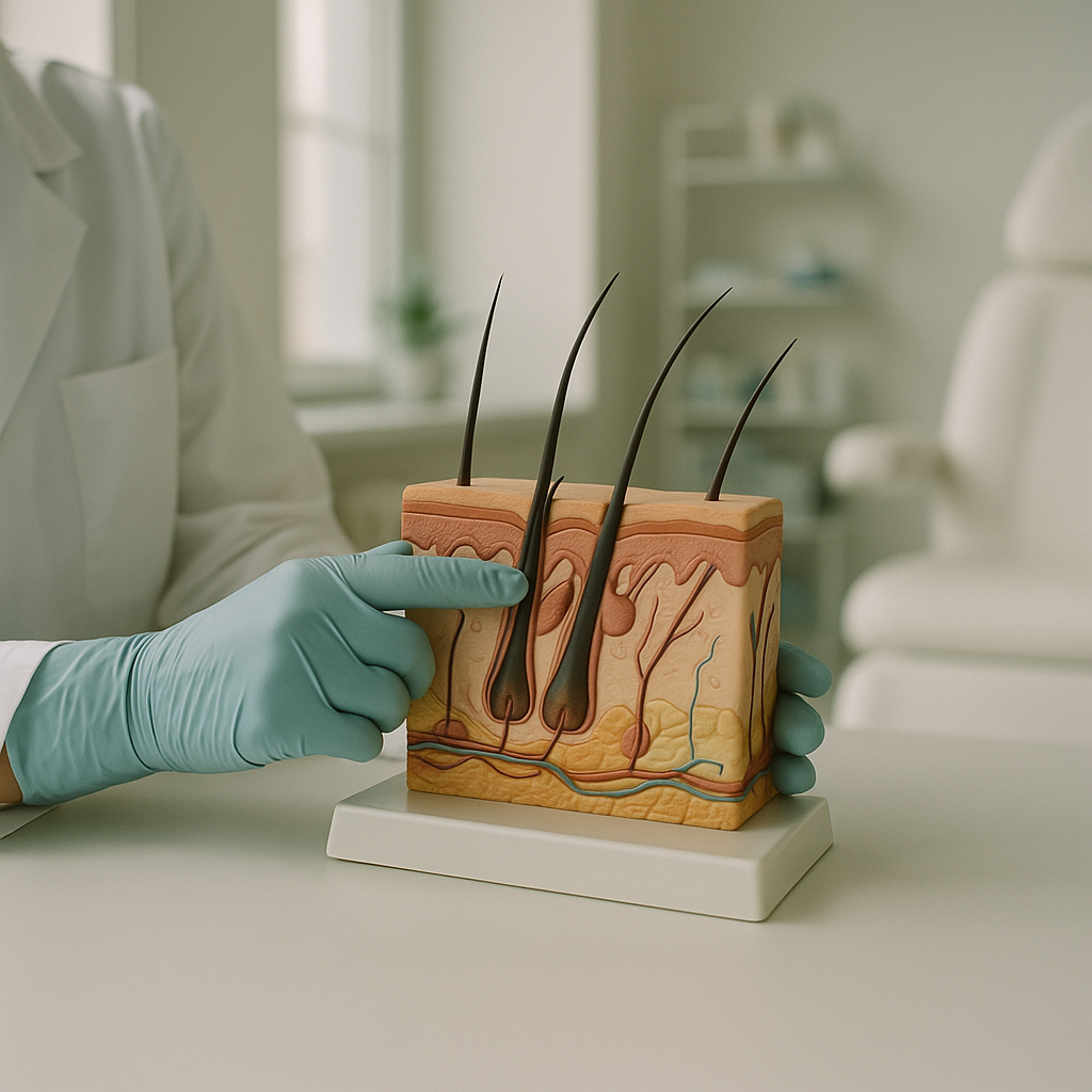 Clinician demonstrating hair shaft and follicle structures on an anatomical model