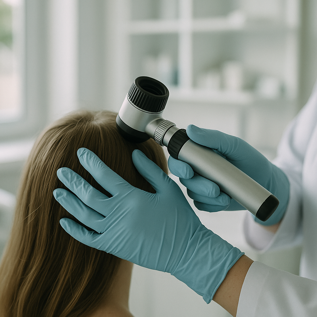 Dermatologist examining a patient’s scalp using a magnifier