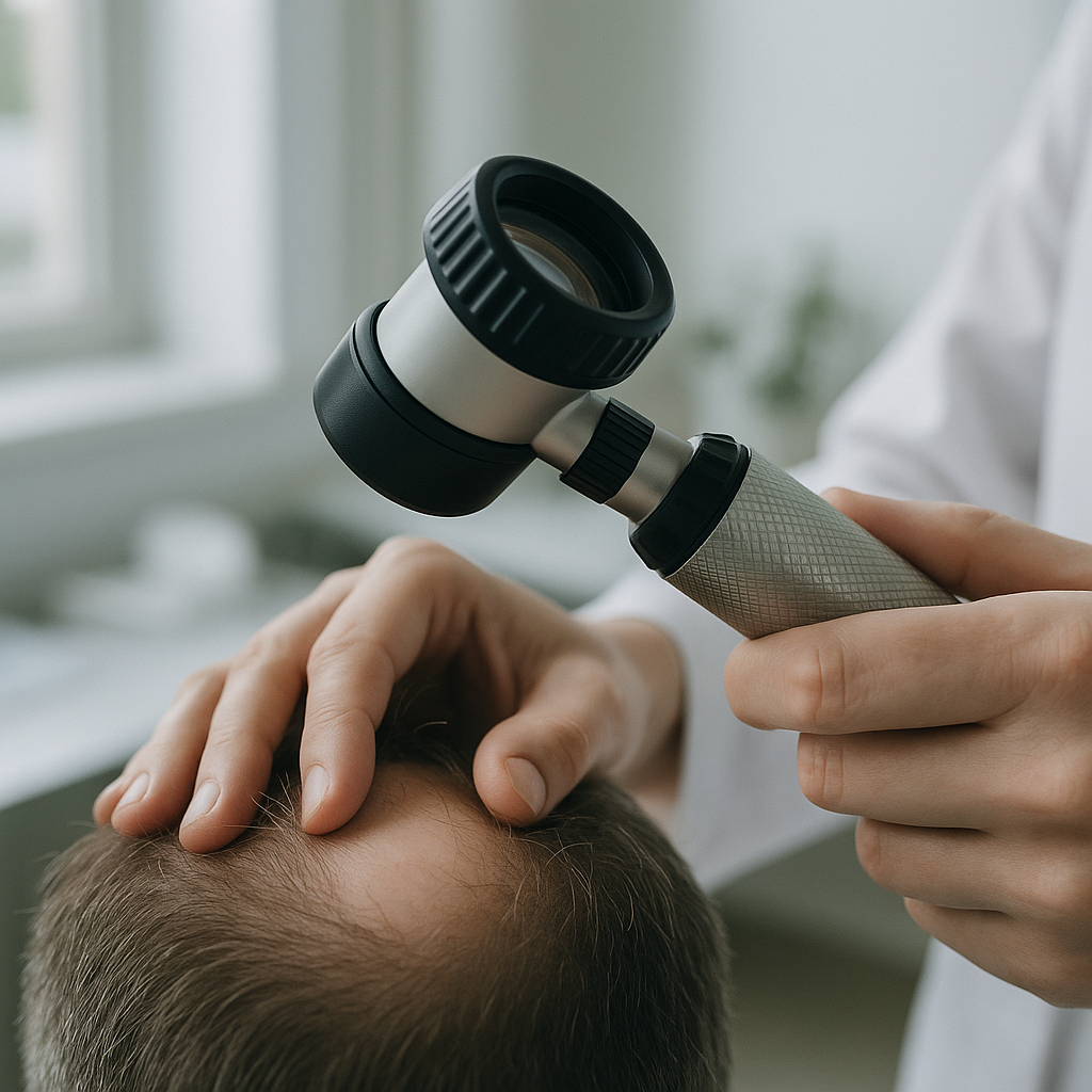 Dermatoscope being used to inspect a patch of hair loss