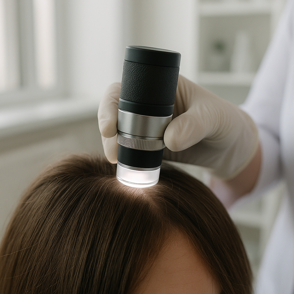 Dermatoscope utilisé lors d’un examen du cuir chevelu en dermatologie