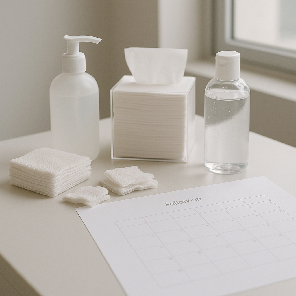 Gentle hair-washing supplies beside a postoperative care calendar
