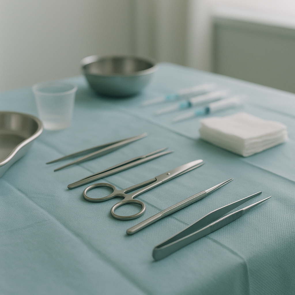 Instruments chirurgicaux utilisés pour la greffe de cheveux sur une table stérile