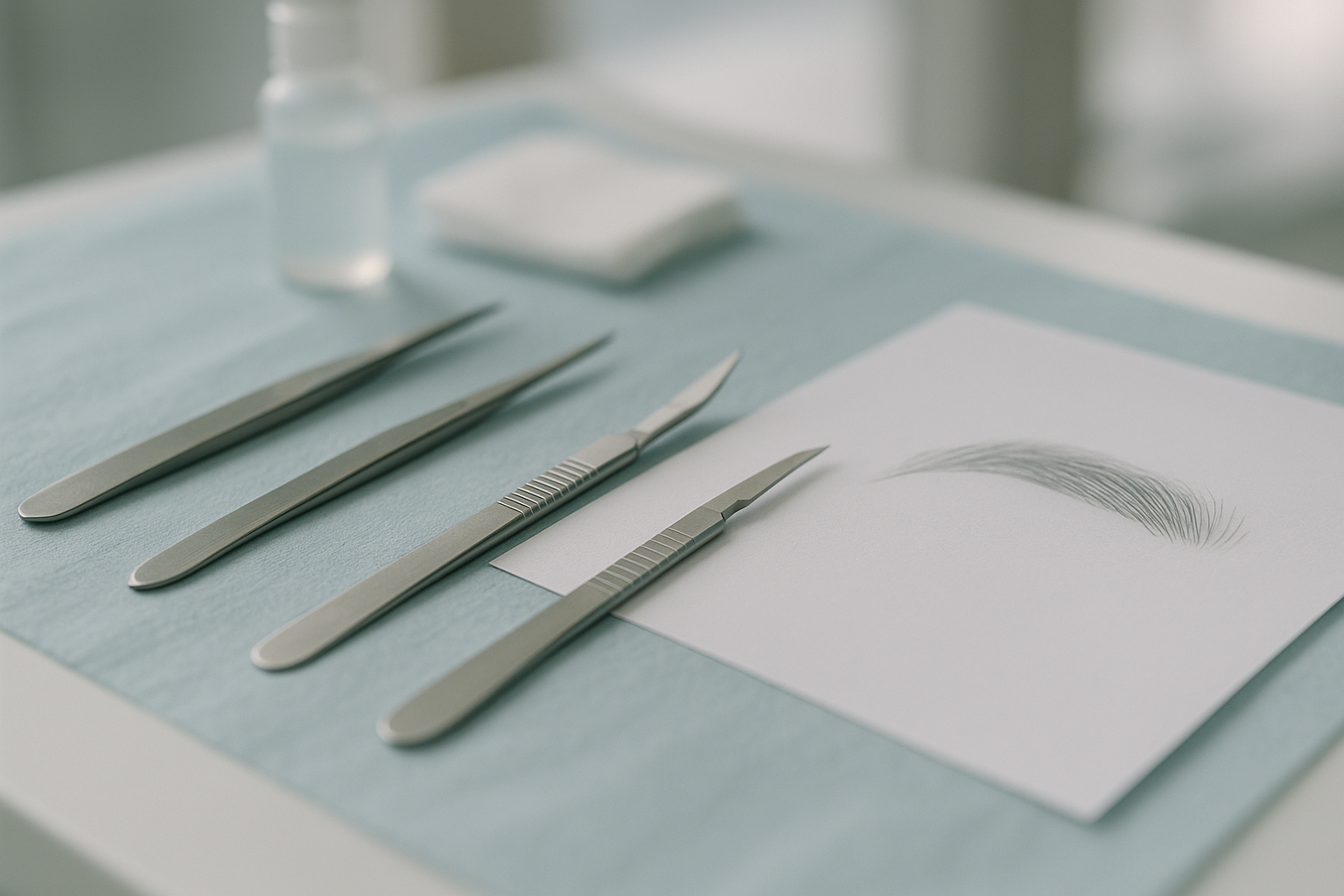 Matériel chirurgical et schéma de dessin de sourcil sur une feuille blanche