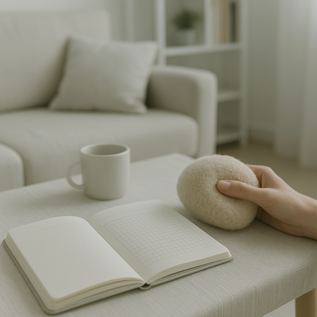 Notebook and soft hand-held object beside a reading chair