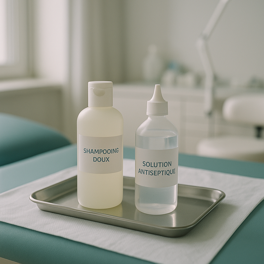 Produits de soins post-greffe de cheveux posés sur une table de consultation