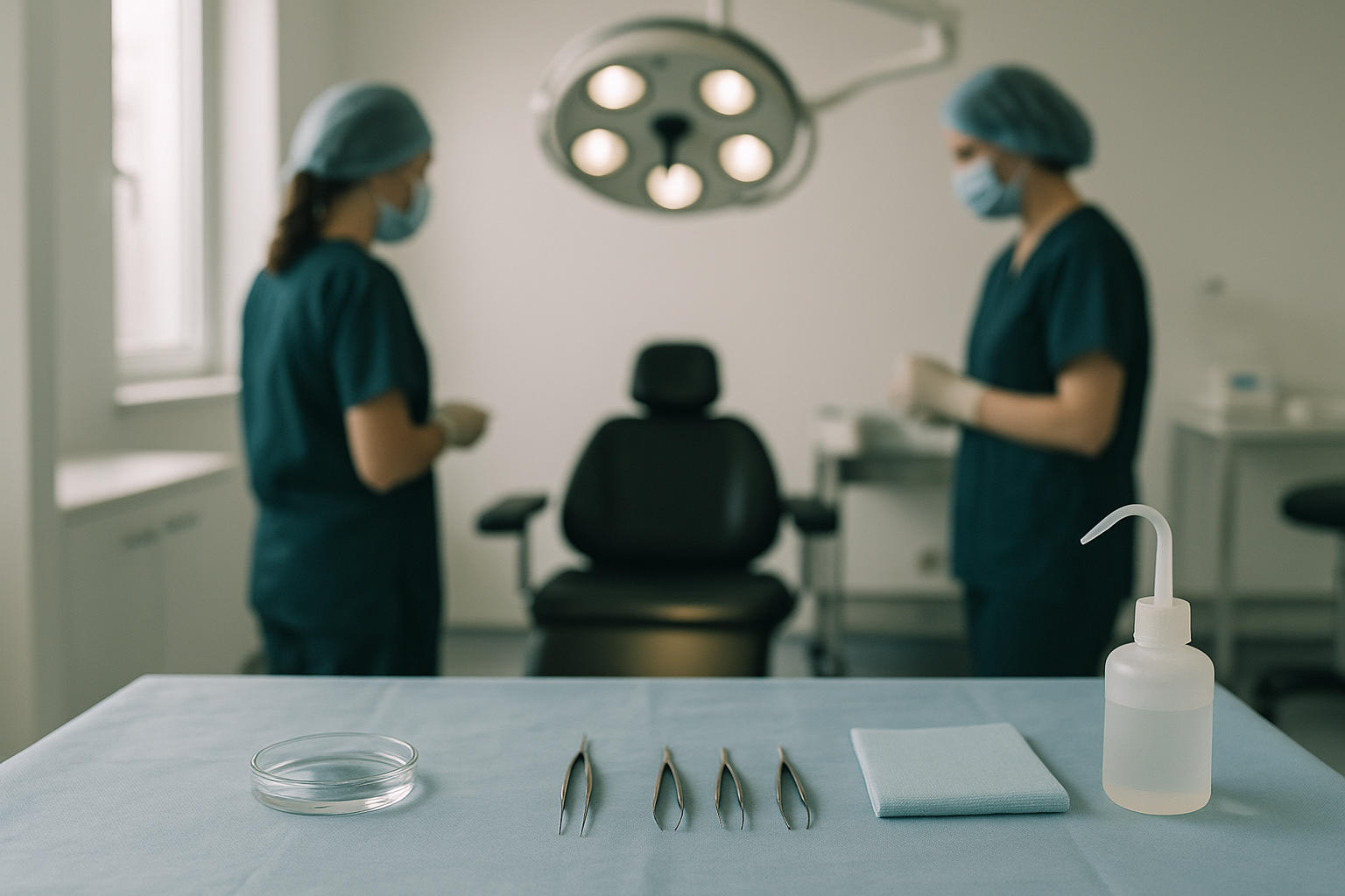 Saç ekimi sırasında steril bir klinik ortamda cerrahi aletlerle hazırlık yapan sağlık personeli