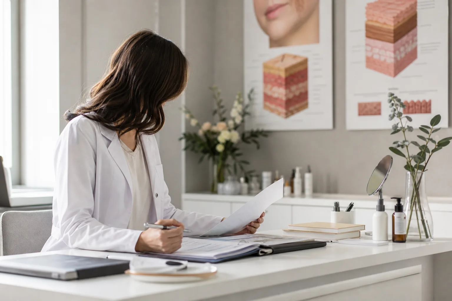 Bir doktor masa başında tıbbi dosya incelerken, arka planda dermatolojiyle ilgili bir poster