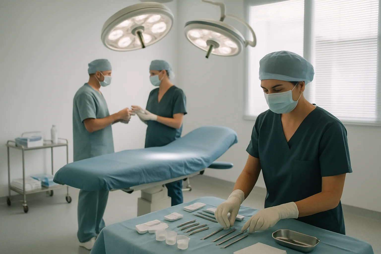 Equipo médico preparando instrumental para un trasplante capilar moderno