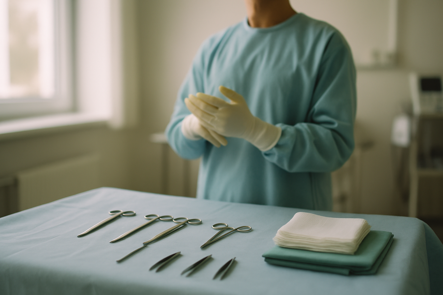 Estetik bir klinikte, göz çevresinin anatomik yapısını gösteren cerrahın elindeki steril aletlerle hazırlanmış bir masa