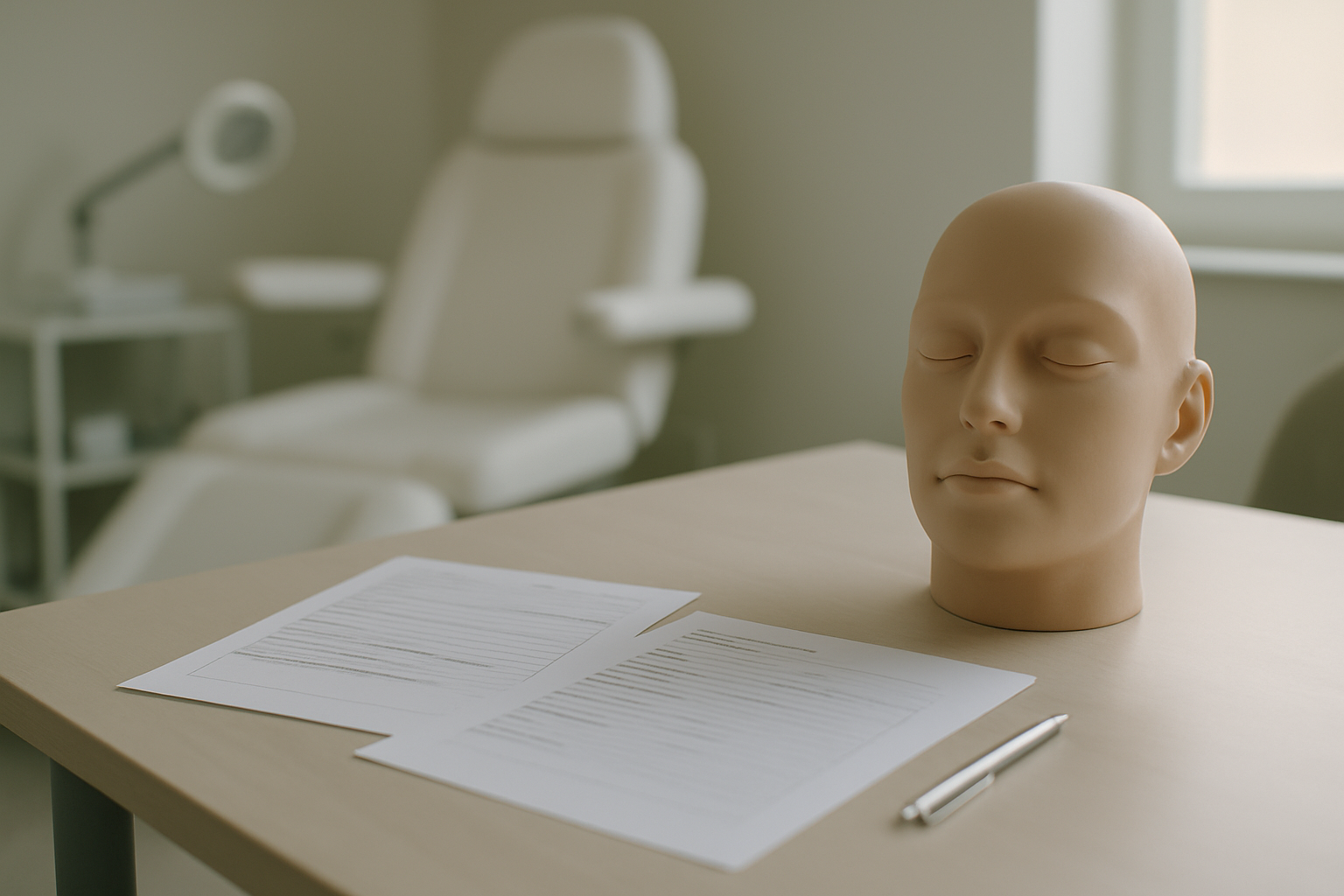 Estetik konsültasyon odasında anatomik yüz modeli ve değerlendirme belgeleri