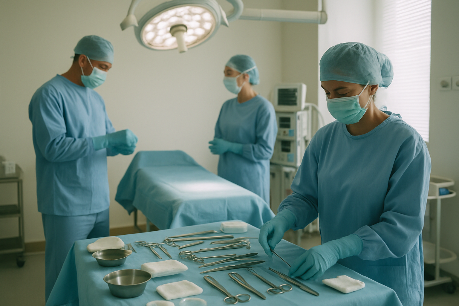 Hospital surgical team preparing an operating room for weight loss surgery