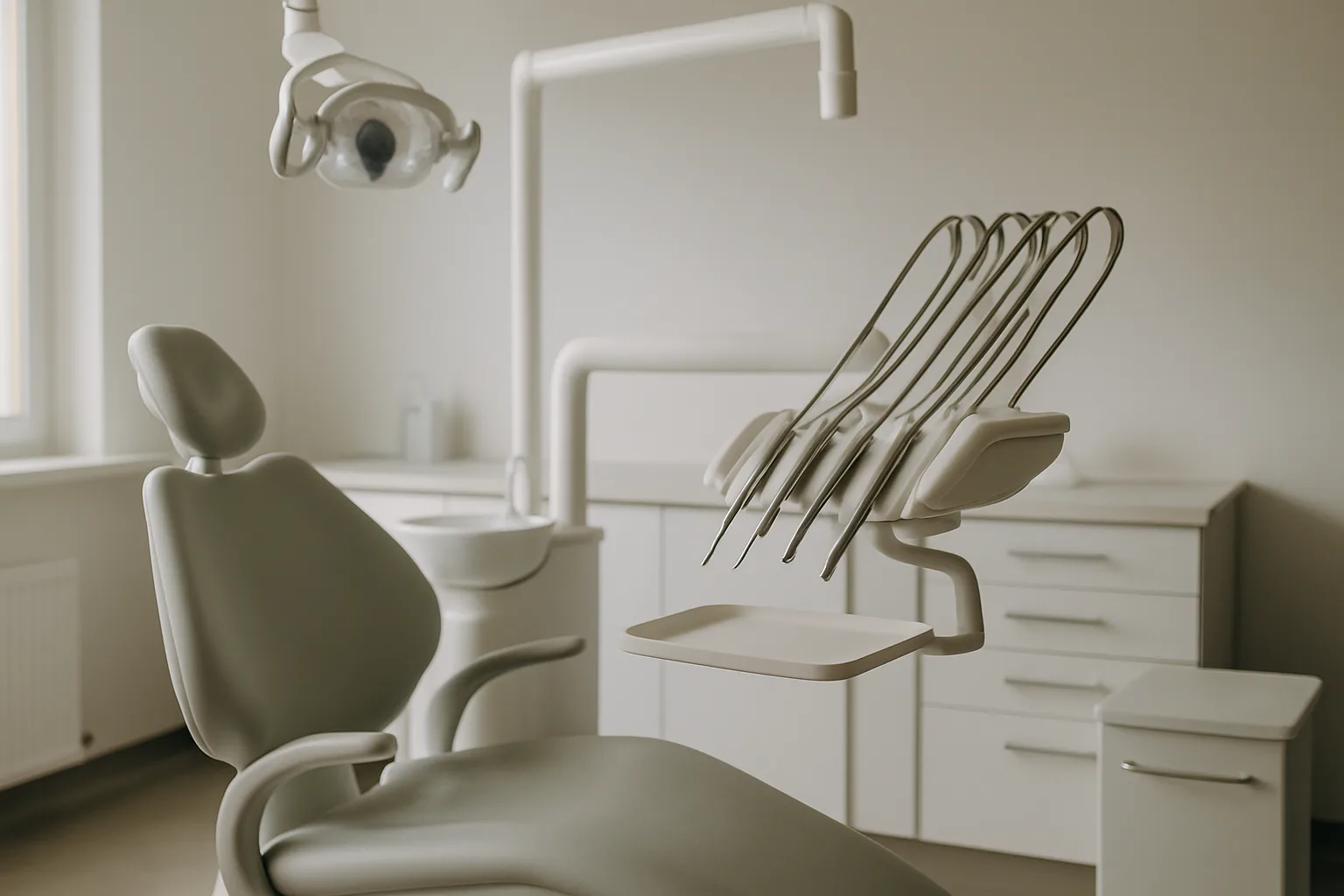 Salle de consultation dentaire moderne, fauteuil et instruments orthodontiques sans personne visible