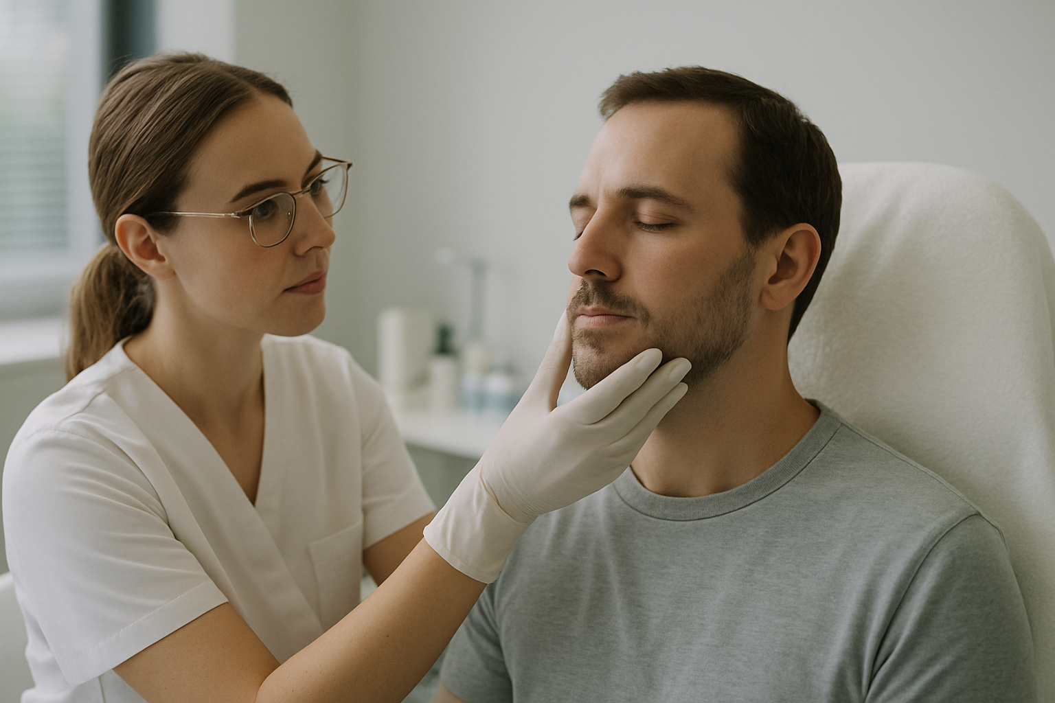 Un dermatologue examine la joue d’un homme adulte pour une perte de barbe