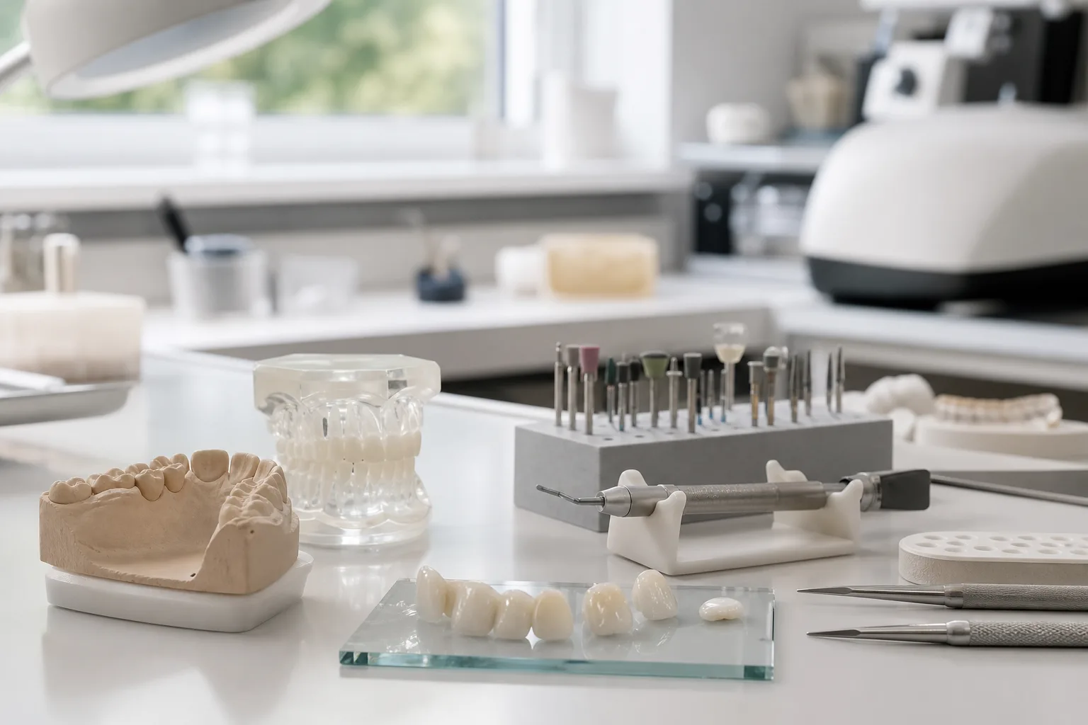 Vista general de un laboratorio dental con carillas y materiales sobre la mesa